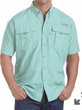Columbia Men’s PFG short Sleeve Button-Down Shirt - Aqua Blue